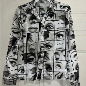 Black and White Face Eyes Print LS Artsy Shirt blouse